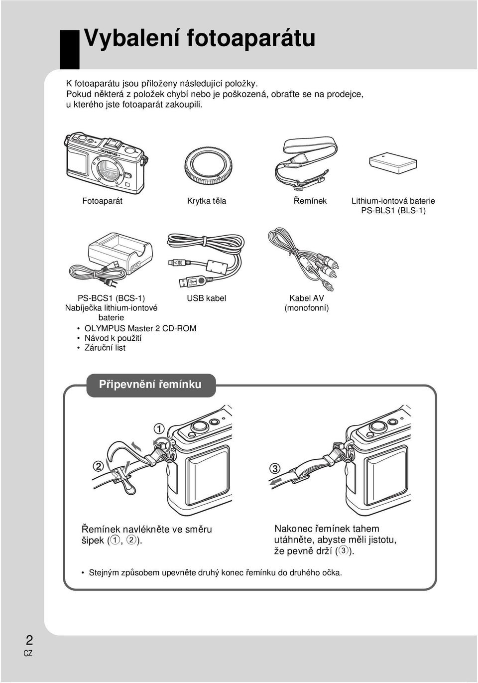 Fotoaparát Krytka těla Řemínek Lithium-iontová baterie PS-BLS1 (BLS-1) PS-BCS1 (BCS-1) USB kabel Nabíječka lithium-iontové baterie OLYMPUS Master 2