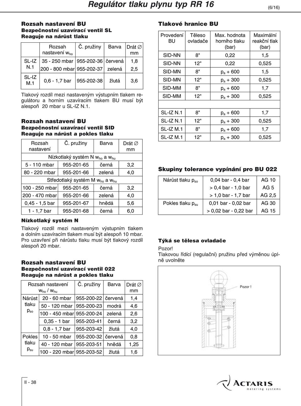 uzavíracím tlakem BU musí být alespoò mbar u SL-IZ N.1. Rozsah nastavení BU Bezpeènostní uzavírací ventil SID Reaguje na nárùst a pokles tlaku Rozsah nastavení È.