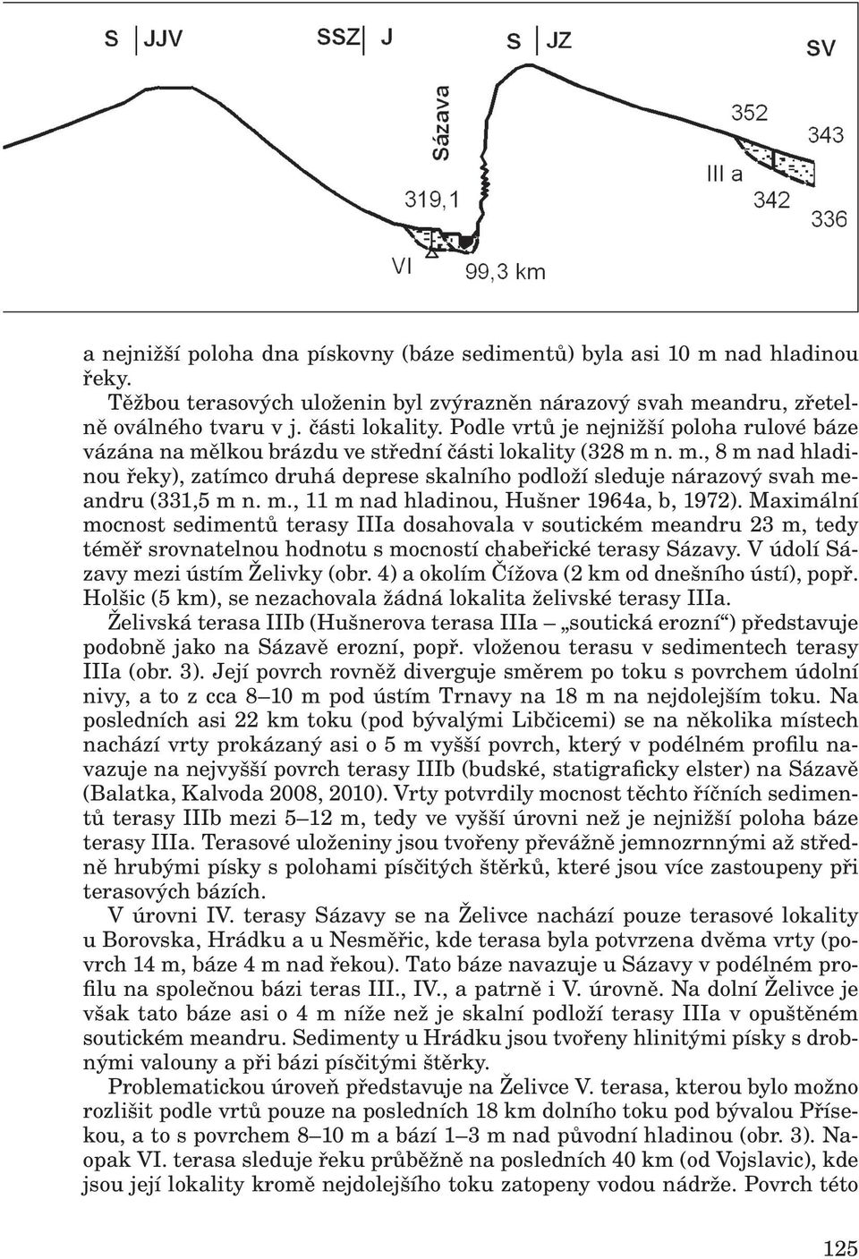 m., 11 m nad hladinou, Hušner 1964a, b, 1972). Maximální mocnost sedimentů terasy IIIa dosahovala v soutickém meandru 23 m, tedy téměř srovnatelnou hodnotu s mocností chabeřické terasy Sázavy.