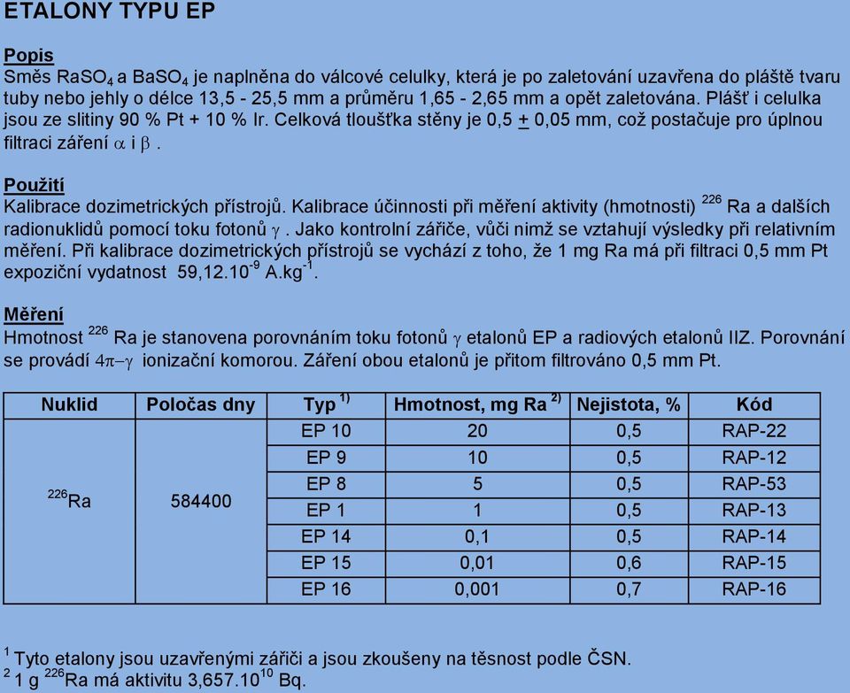 Kalibrace účinnosti při měření aktivity (hmotnosti) 226 Ra a dalších radionuklidů pomocí toku fotonů. Jako kontrolní zářiče, vůči nimž se vztahují výsledky při relativním měření.