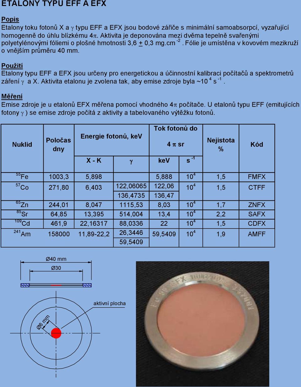 Etalony typu EFF a EFX jsou určeny pro energetickou a účinnostní kalibraci počítačů a spektrometrů záření a X. Aktivita etalonu je zvolena tak, aby emise zdroje byla ~10 4 s -1.