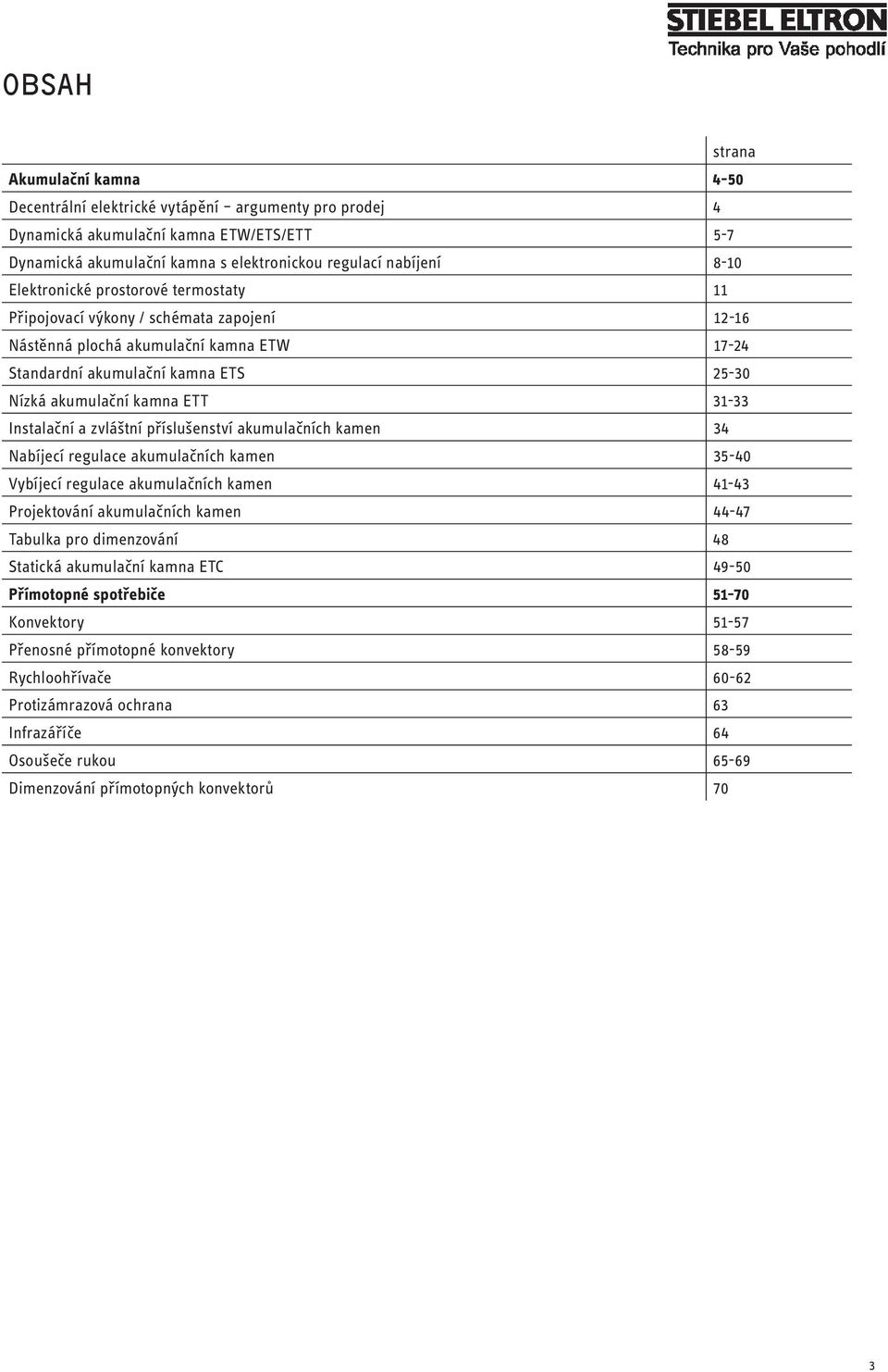 Instalační a zvláštní příslušenství akumulačních kamen 34 Nabíjecí regulace akumulačních kamen 3540 Vybíjecí regulace akumulačních kamen 4143 Projektování akumulačních kamen 4447 Tabulka pro