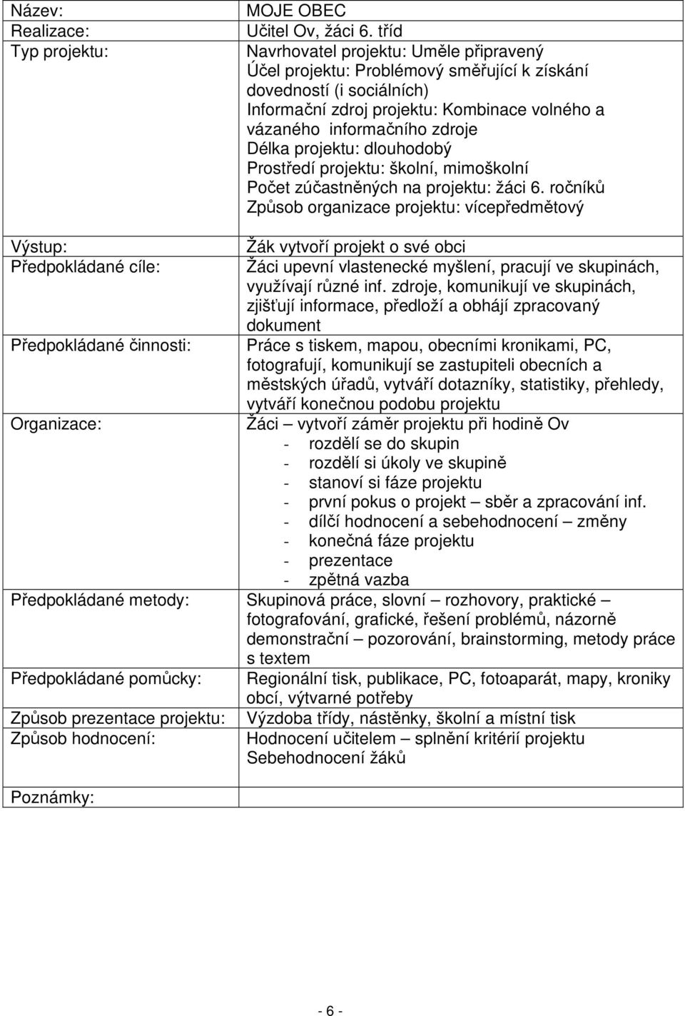 projektu: dlouhodobý Prostředí projektu: školní, mimoškolní Počet zúčastněných na projektu: žáci 6.