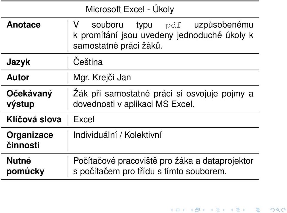 Jazyk Autor Očekávaný výstup Klíčová slova Organizace činnosti Nutné pomůcky Čeština Mgr.