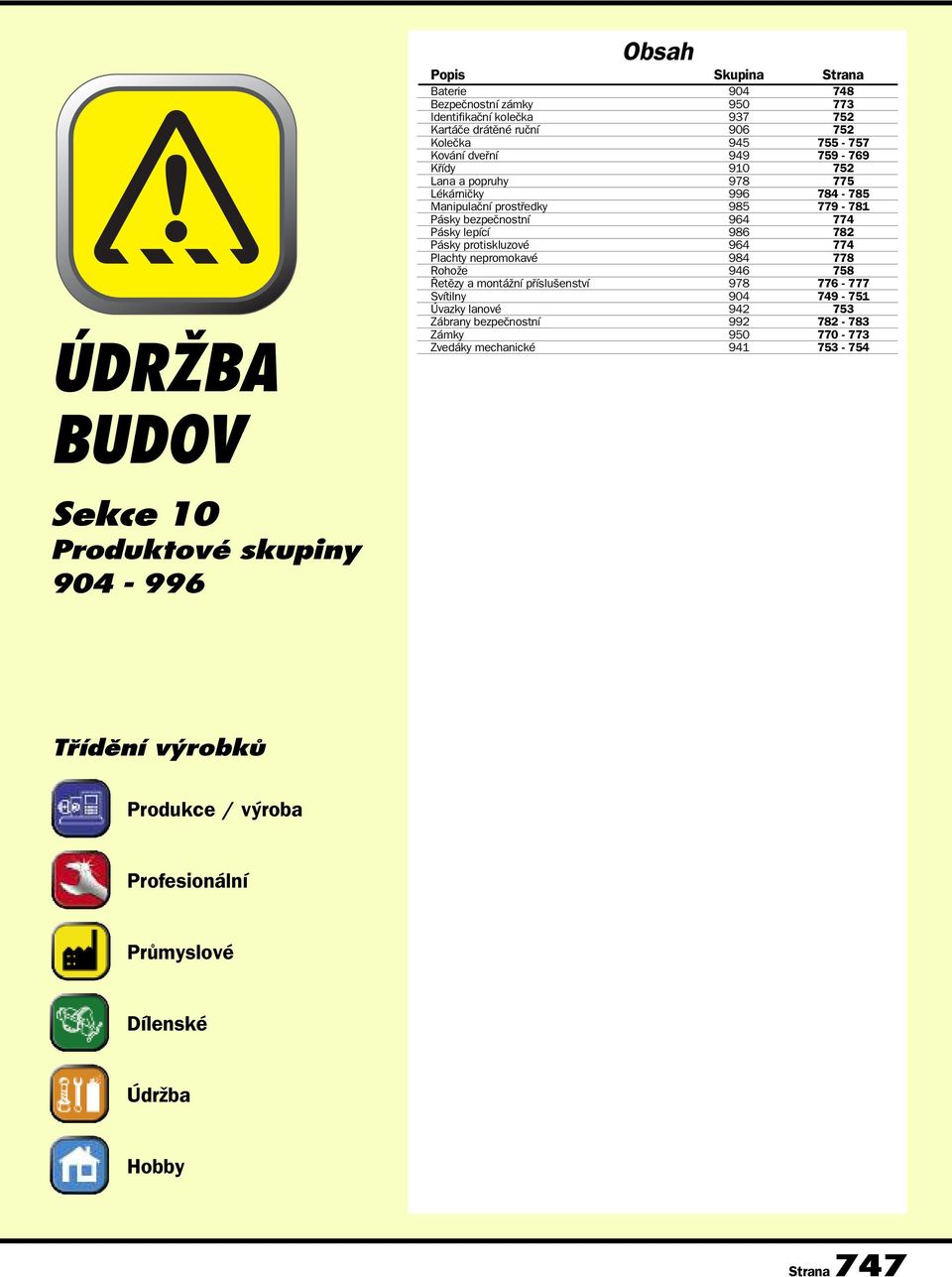 protiskluzové 964 774 Plachty nepromokavé 984 778 Rohože 946 758 Řetězy a montážní příslušenství 978 776-777 Svítilny 904 749-751 Úvazky lanové 942 753 Zábrany bezpečnostní