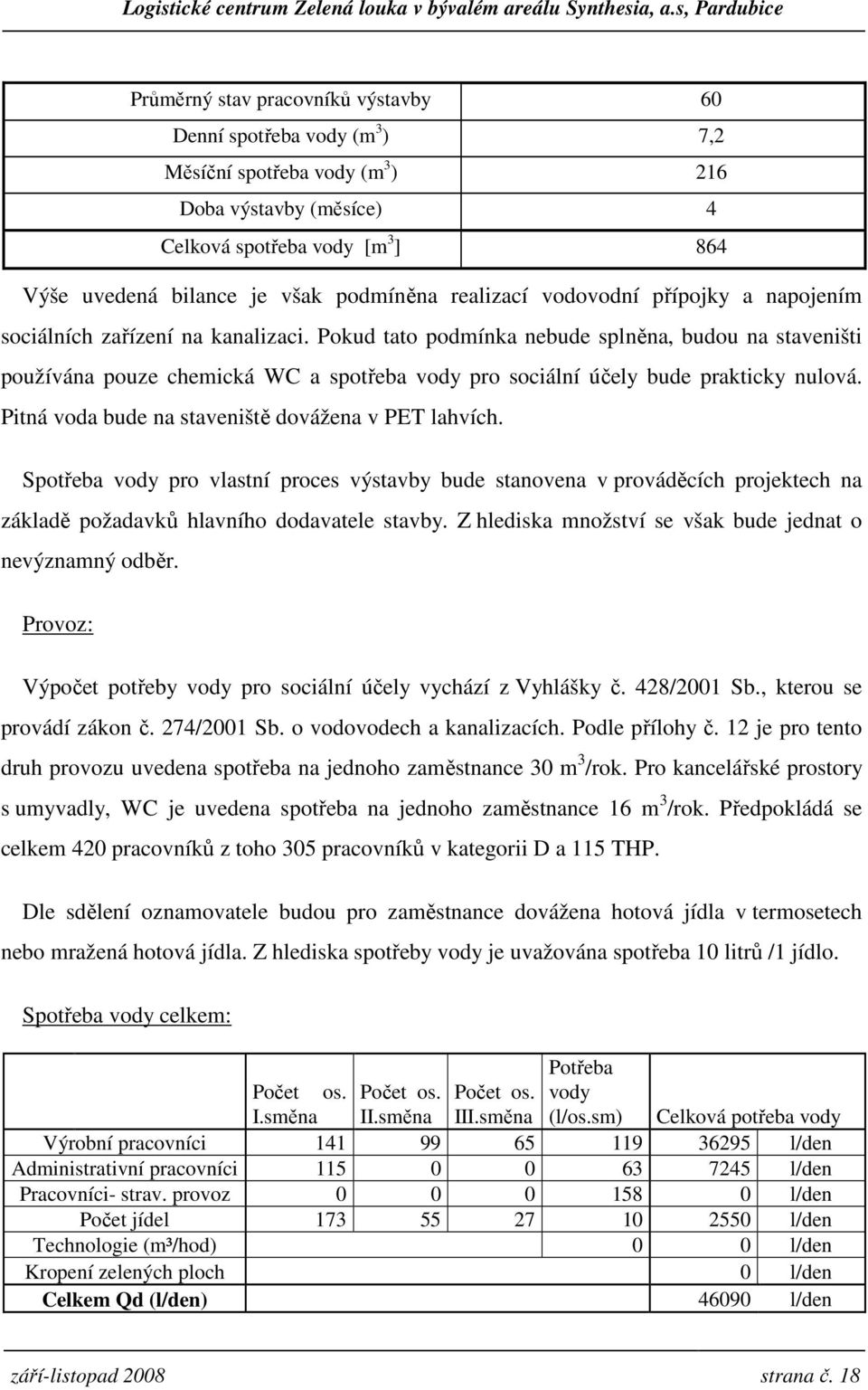 Pokud tato podmínka nebude splněna, budou na staveništi používána pouze chemická WC a spotřeba vody pro sociální účely bude prakticky nulová. Pitná voda bude na staveniště dovážena v PET lahvích.