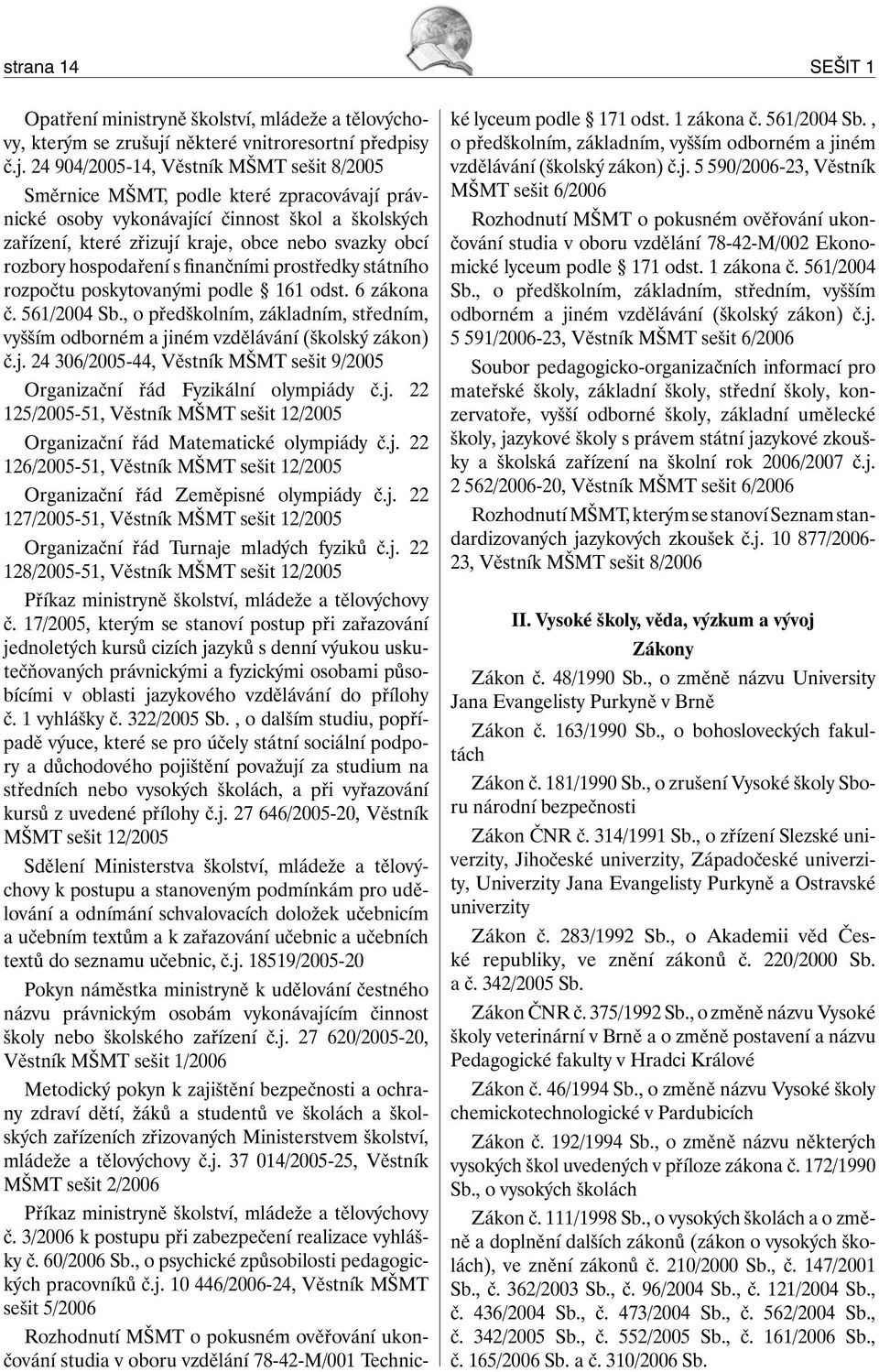 24 904/2005-14, Věstník MŠMT sešit 8/2005 Směrnice MŠMT, podle které zpracovávají právnické osoby vykonávající činnost škol a školských zařízení, které zřizují kraje, obce nebo svazky obcí rozbory