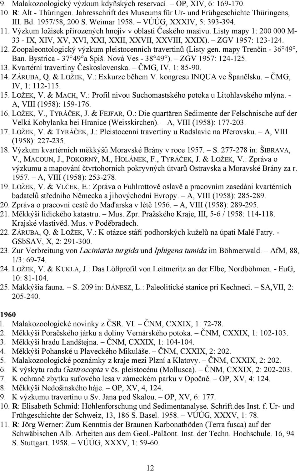 -124. 12. Zoopaleontologický výzkum pleistocenních travertinů (Listy gen. mapy Trenčín - 36 49, Ban. Bystrica - 37 49 a Spiš. Nová Ves - 38 49 ). ZGV 1957: 124-125. 13.