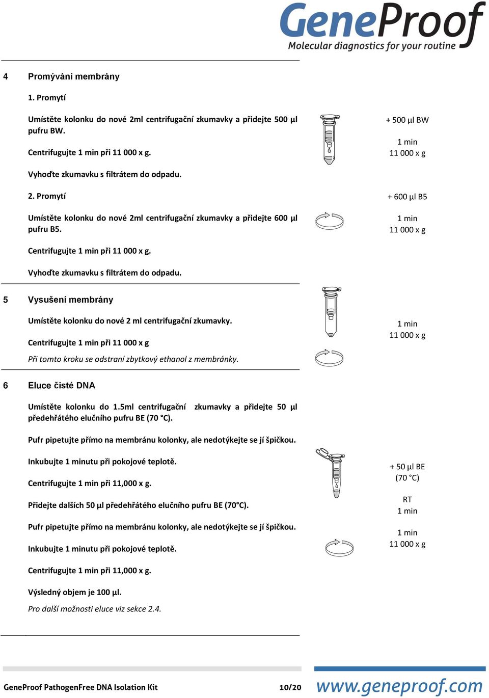 + 600 µl B5 1 min 11 000 x g Centrifugujte 1 min při 11 000 x g. Vyhoďte zkumavku s filtrátem do odpadu. 5 Vysušení membrány Umístěte kolonku do nové 2 ml centrifugační zkumavky.