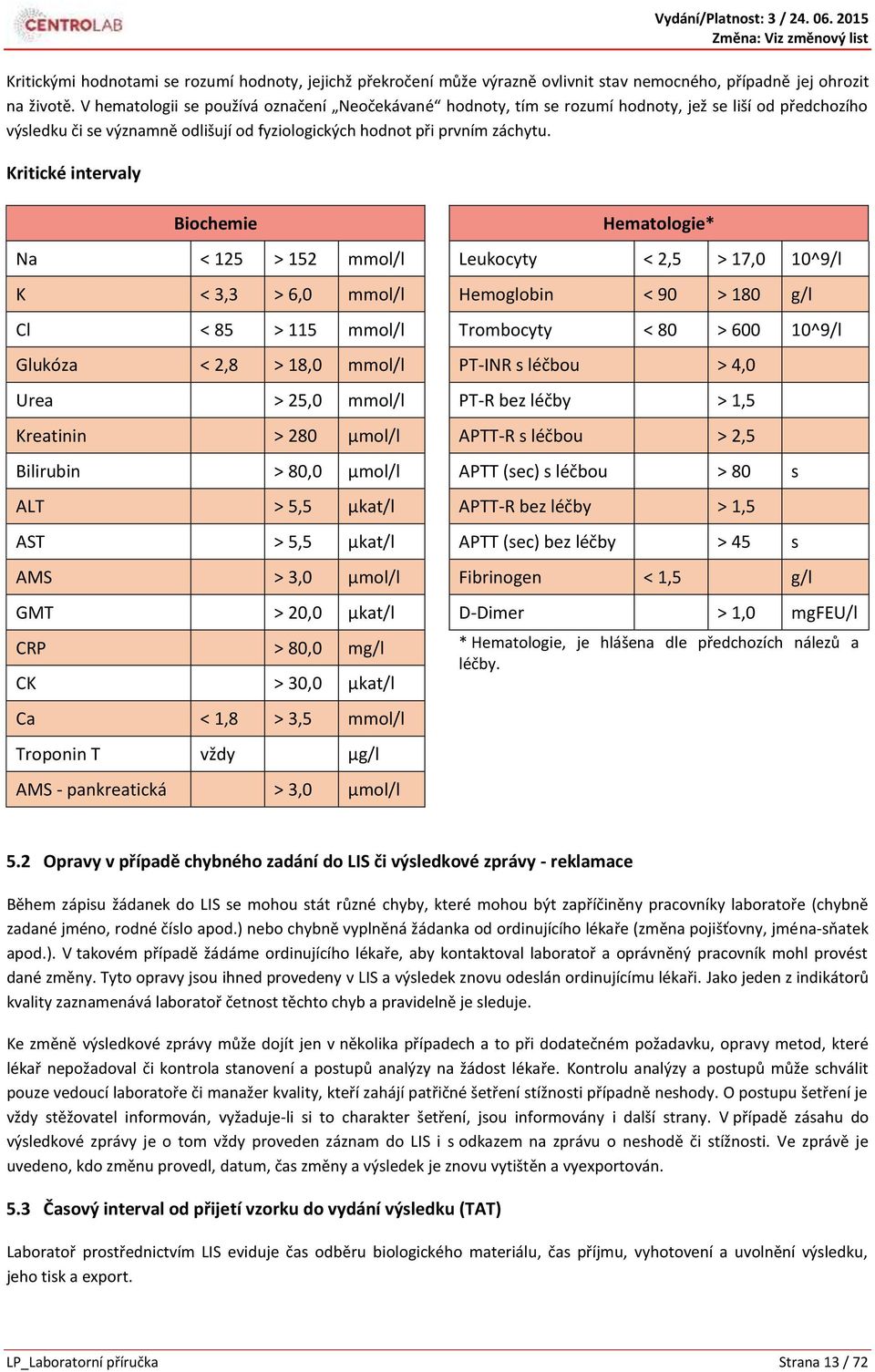 Kritické intervaly Biochemie Hematologie* Na < 125 > 152 mmol/l Leukocyty < 2,5 > 17,0 10^9/l K < 3,3 > 6,0 mmol/l Hemoglobin < 90 > 180 g/l Cl < 85 > 115 mmol/l Trombocyty < 80 > 600 10^9/l Glukóza