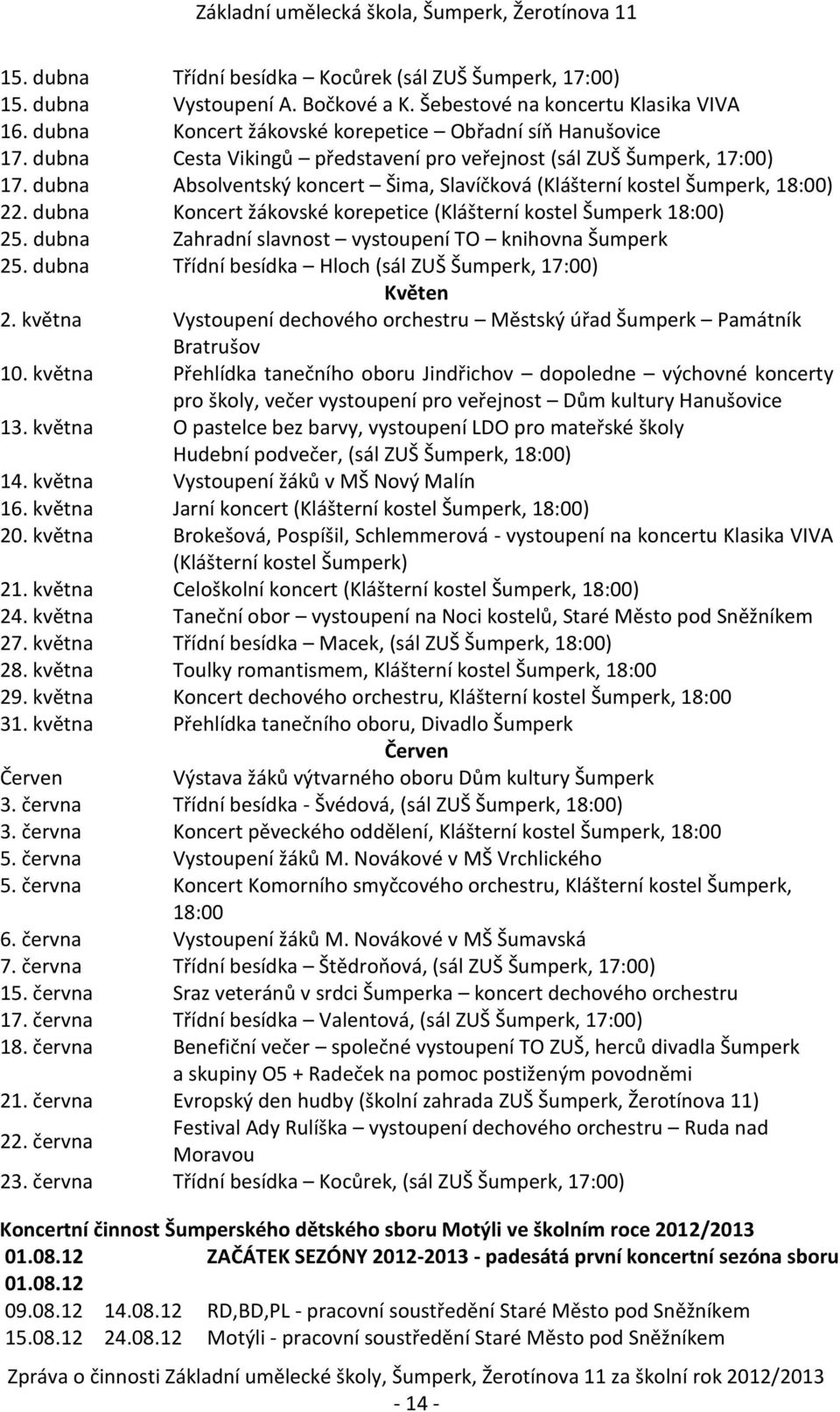 dubna Koncert žákovské korepetice (Klášterní kostel Šumperk 18:00) 25. dubna Zahradní slavnost vystoupení TO knihovna Šumperk 25. dubna Třídní besídka Hloch (sál ZUŠ Šumperk, 17:00) Květen 2.