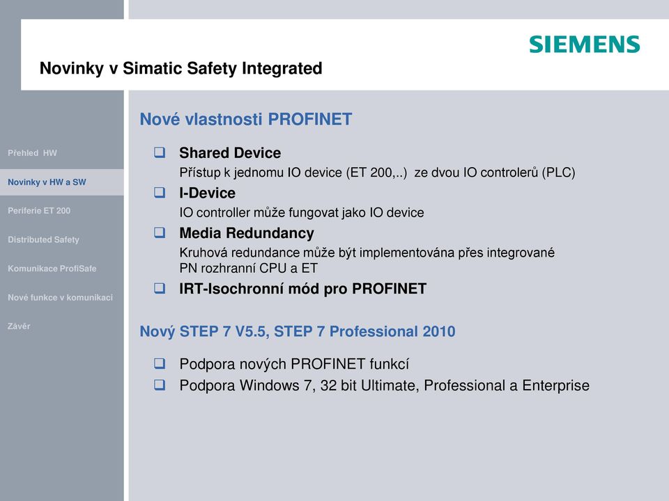 redundance může být implementována přes integrované PN rozhranní CPU a ET IRT-Isochronní mód pro PROFINET Nový STEP