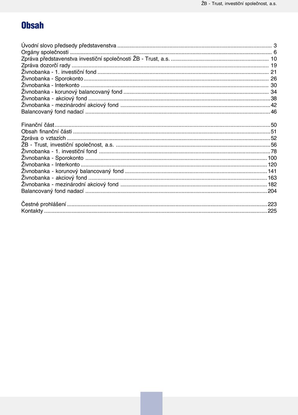 ..38 Živnobanka mezinárodní akciový fond...42 Balancovaný fond nadací...46 Finanční část...5 Obsah finanční části...51 Zpráva o vztazích...52 ŽB Trust, investiční společnost, a.s....56 Živnobanka 1.