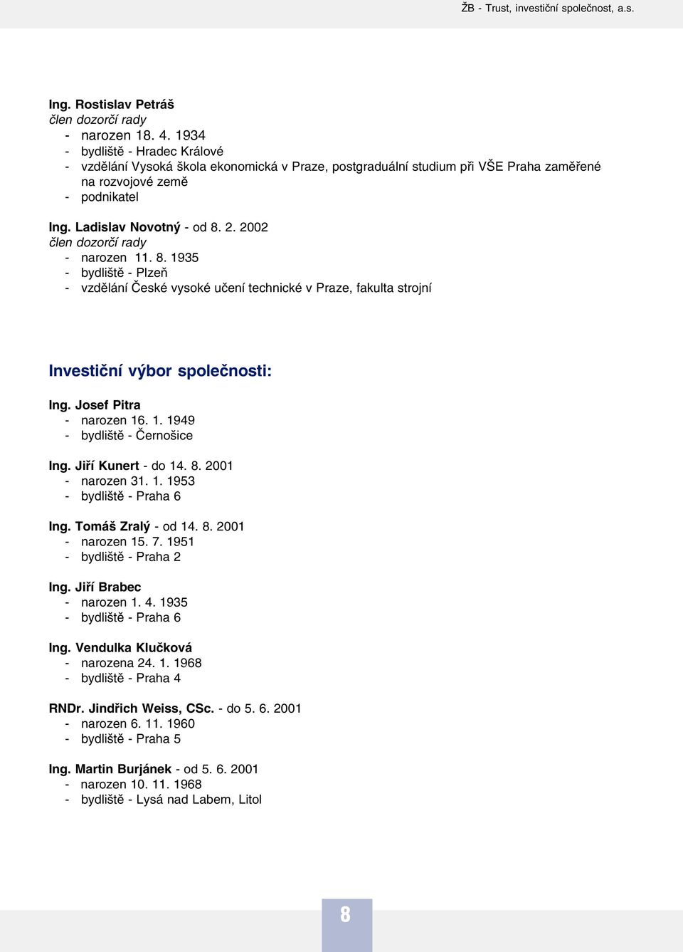 22 člen dozorčí rady narozen 11. 8. 1935 bydliště Plzeň vzdělání České vysoké učení technické v Praze, fakulta strojní Investiční výbor společnosti: Ing. Josef Pitra narozen 16. 1. 1949 bydliště Černošice Ing.