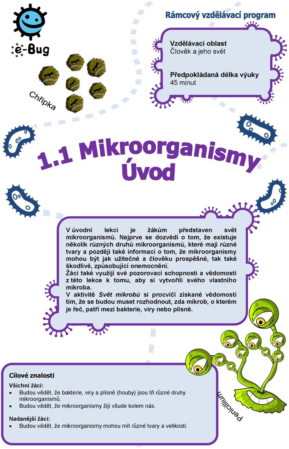 také škodlivé, způsobující onemocnění. Žáci také využijí své pozorovací schopnosti a vědomosti z této lekce k tomu, aby si vytvořili svého vlastního mikroba.