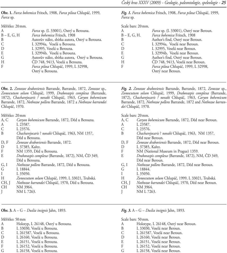 G Autorův nález, sbírka autora, Ostrý u Berouna. H ČD 748, 9413, Veselá u Berouna. F Furca pilosa Chlupáč, 1999, L 32998, Ostrý u Berouna. Fig. 1. Furca bohemica Fritsch, 1908, Furca pilosa Chlupáč, 1999, Furca sp.