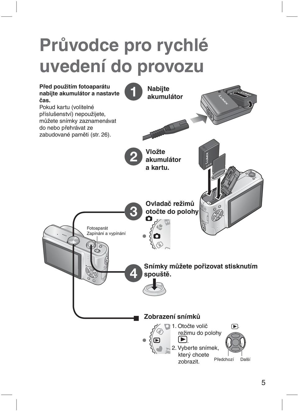 26). 1 2 Nabijte akumulátor Vložte akumulátor a kartu.