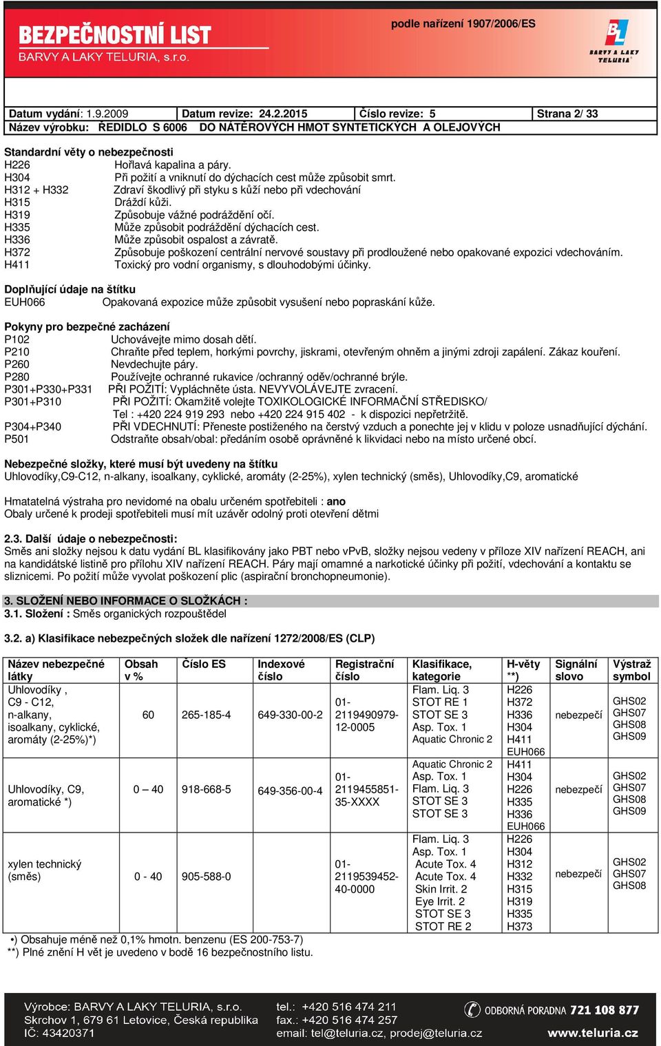 H335 Může způsobit podráždění dýchacích cest. H336 Může způsobit ospalost a závratě. H372 Způsobuje poškození centrální nervové soustavy při prodloužené nebo opakované expozici vdechováním.