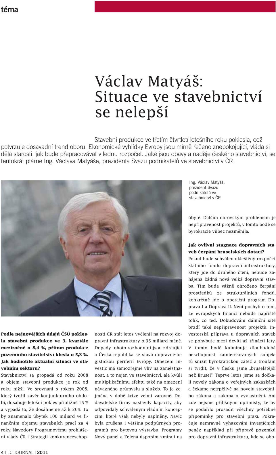 Václava Matyáše, prezidenta Svazu podnikatelů ve stavebnictví v ČR. Ing. Václav Matyáš, prezident Svazu podnikatelů ve stavebnictví v ČR úbytě.