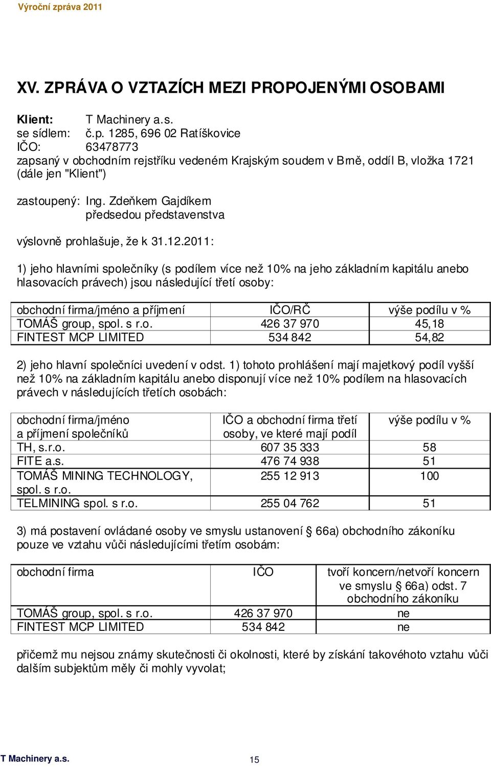 Zdeňkem Gajdíkem předsedou představenstva výslovně prohlašuje, že k 31.12.