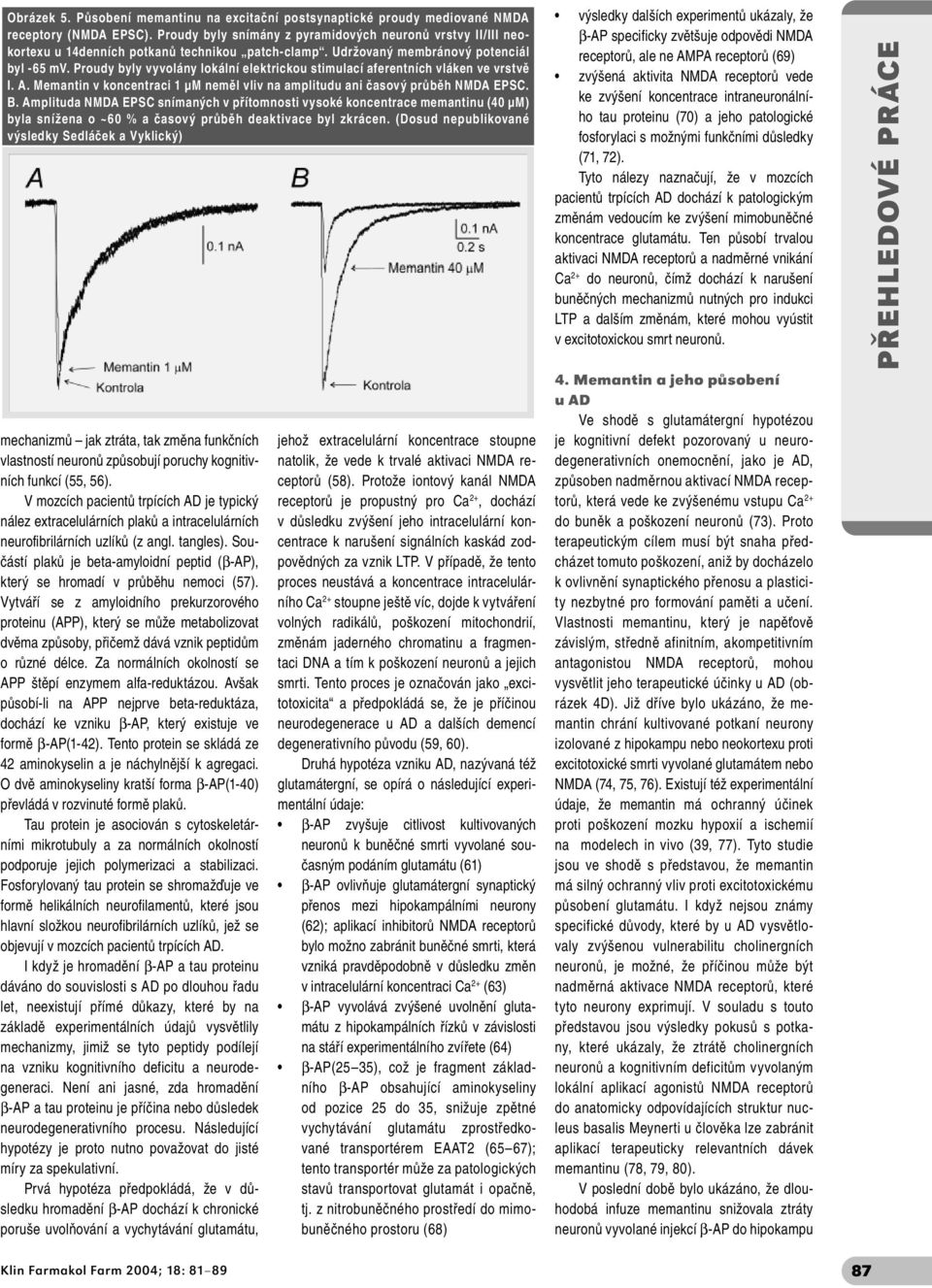 Proudy byly vyvolány lokální elektrickou stimulací aferentních vláken ve vrstvě I. A. Memantin v koncentraci 1 µm neměl vliv na amplitudu ani časový průběh NMDA EPSC. B.