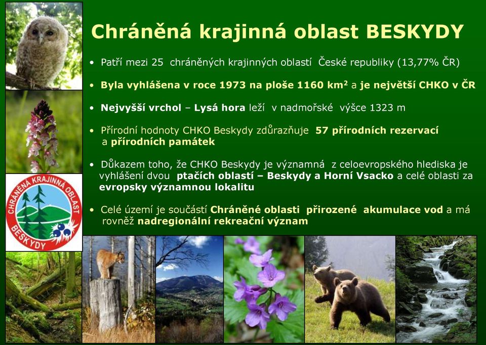 přírodních památek Důkazem toho, že CHKO Beskydy je významná z celoevropského hlediska je vyhlášení dvou ptačích oblastí Beskydy a Horní Vsacko a