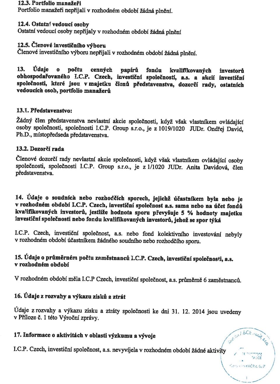 Údaje z rozvahy a výkazu zisku a ztráty společnosti ke dni 31. 12. 2014 jsou uvedeny 16. Údaje z rozvahy a výkazu zisků ztrát V rozhodném období měla 1.C.P Czech, investiční společnost, a.s. průměrně 6 zaměstnanců.