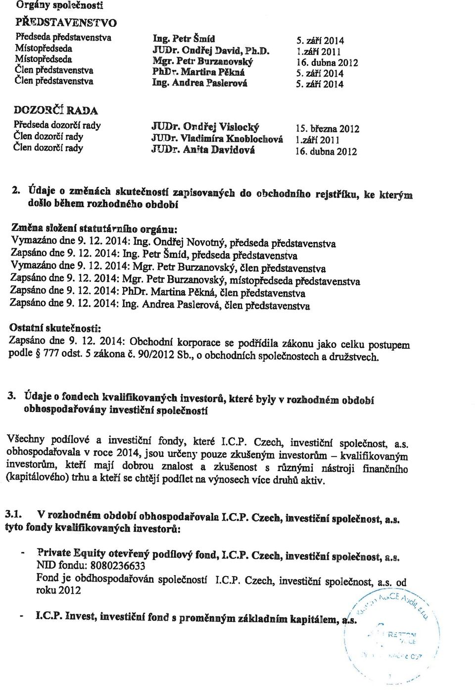 září 2014 I C P Invest, investiční fond s proměnnym zakladnim kapitálem, a s ĺ roku 2012 ľcf. Fond je obdhospodařován společnosti 1.C.P. Czech, investiční společnost, a.s. od MD fondu: 8080236633 rivate Equity otevřený podílový fond, LC.