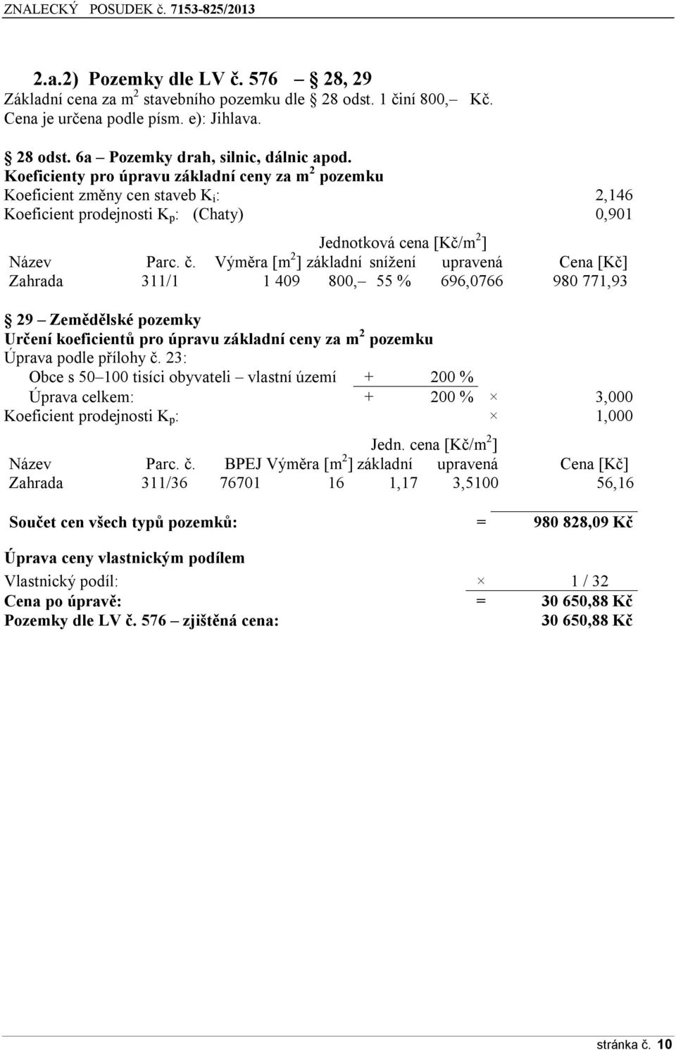 Výměra [m 2 ] základní snížení upravená Cena [Kč] Zahrada 311/1 1 409 800, 55 % 696,0766 980 771,93 29 Zemědělské pozemky Určení koeficientů pro úpravu základní ceny za m 2 pozemku Úprava podle