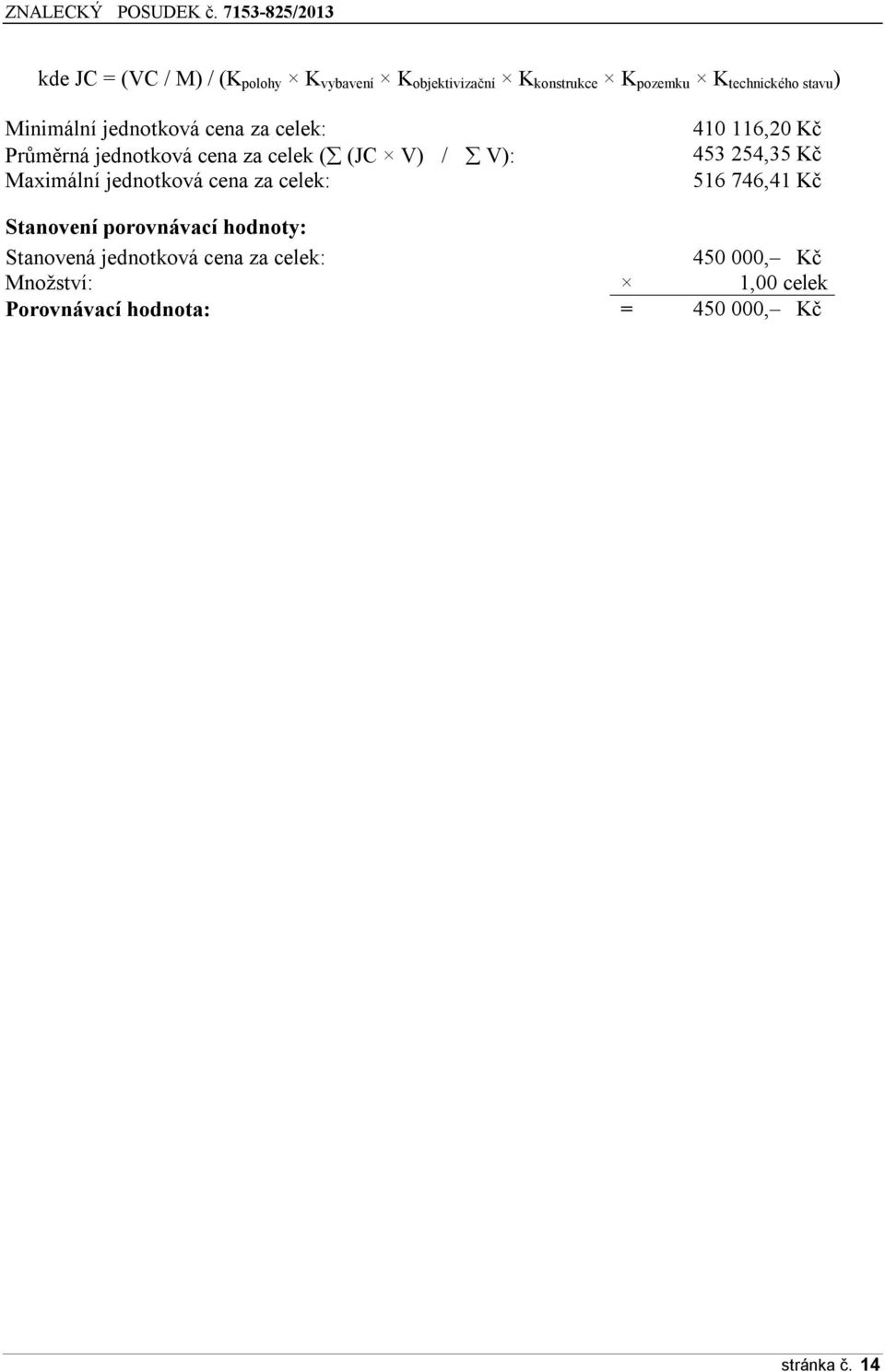 stavu ) Minimální jednotková cena za celek: Průměrná jednotková cena za celek ( (JC V) / V): Maximální