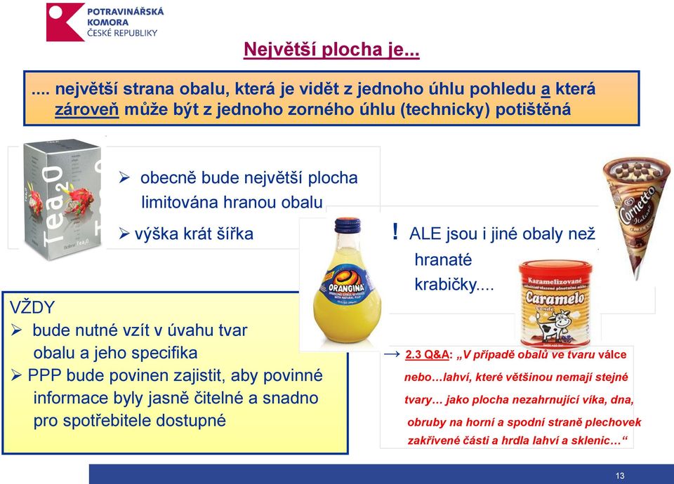 (technicky) úhlu potisknutelná (technicky) potištěná obecně bude největší plocha limitována hranou obalu výška krát šířka VŽDY bude nutné vzít v úvahu tvar obalu a jeho specifika PPP