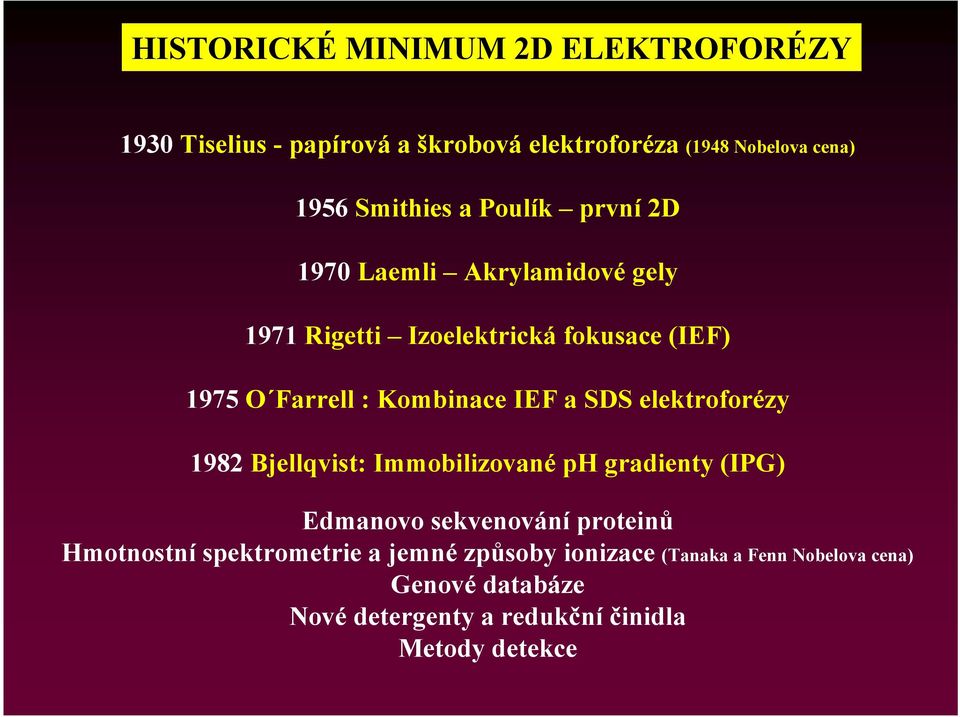 a SDS elektroforézy 1982 Bjellqvist: Immobilizované ph gradienty (IPG) Edmanovo sekvenování proteinů Hmotnostní