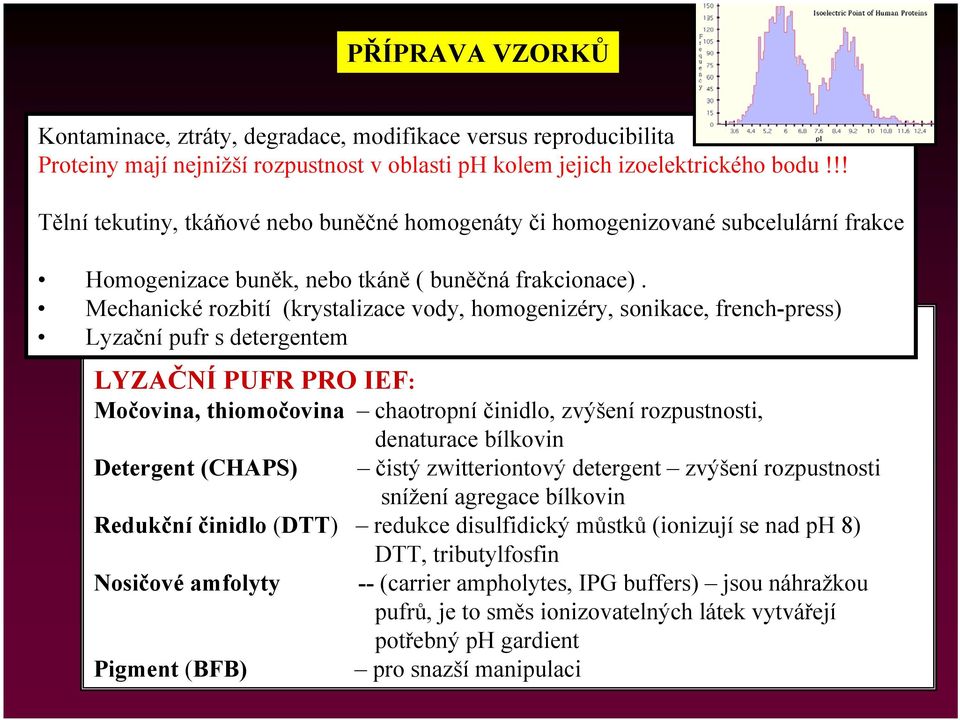 Mechanické rozbití (krystalizace vody, homogenizéry, sonikace, french-press) Lyzační pufr s detergentem LYZAČNÍ PUFR PRO IEF: Močovina, thiomočovina chaotropní činidlo, zvýšení rozpustnosti,