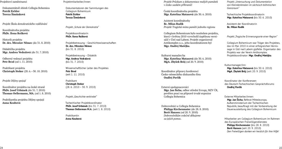 2010) Projekt Dějiny spojují Koordinátor projektu na české straně PhDr. Josef Urbánek (do 31. 7. 2010) Thomas Oellermann, MA. (od 1. 8.