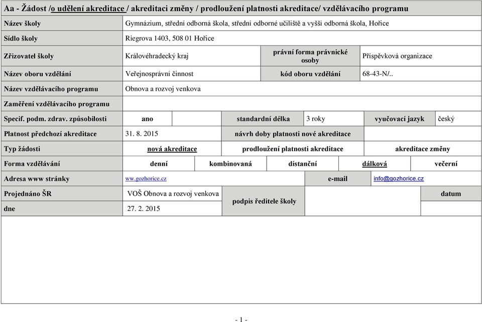 . Příspěvková organizace Název vzdělávacího programu Obnova a rozvoj venkova Zaměření vzdělávacího programu Specif. podm. zdrav.