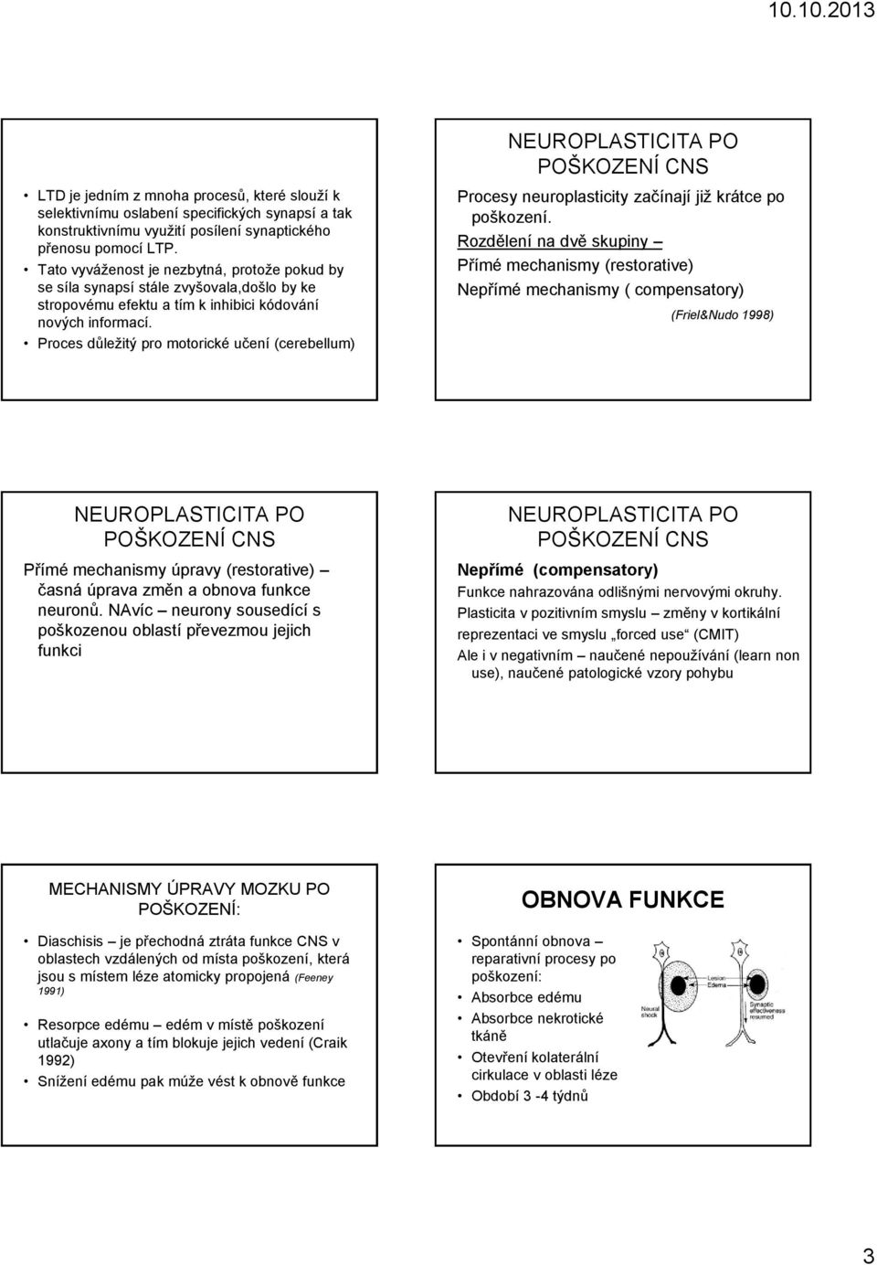 Proces důležitý pro motorické učení (cerebellum) NEUROPLASTICITA PO POŠKOZENÍ CNS Procesy neuroplasticity začínají již krátce po poškození.