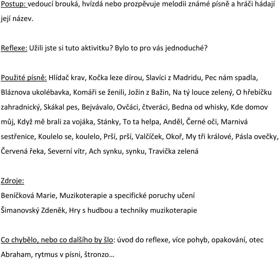 Bejvávalo, Ovčáci, čtveráci, Bedna od whisky, Kde domov můj, Když mě brali za vojáka, Stánky, To ta helpa, Anděl, Černé oči, Marnivá sestřenice, Koulelo se, koulelo, Prší, prší, Valčíček, Okoř, My