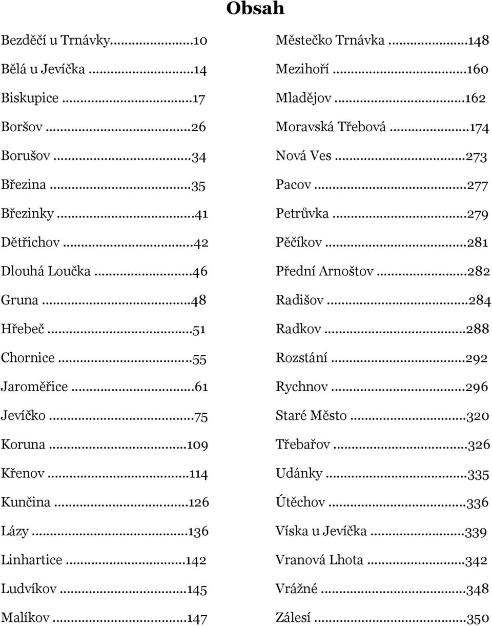 ..147 Městečko Trnávka...148 Mezihoří...160 Mladějov...162 Moravská Třebová...174 Nová Ves...273 Pacov...277 Petrůvka...279 Pěčíkov...281 Přední Arnoštov.