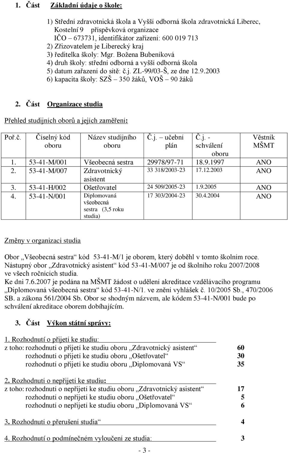 /03-Š, ze dne 12.9.2003 6) kapacita školy: SZŠ 350 ţáků, VOŠ 90 ţáků 2. Část Organizace studia Přehled studijních oborů a jejích zaměření: Poř.č. Číselný kód oboru Název studijního oboru Č.j. učební plán Č.