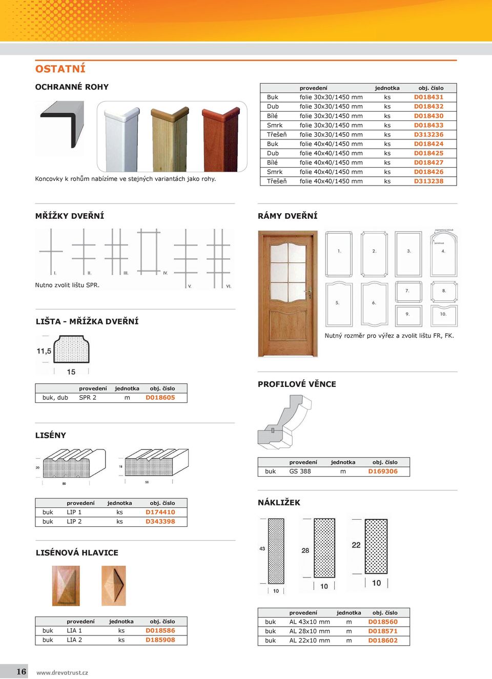 jako rohy. Třešeň folie 40x40/1450 mm ks D313238 MŘÍŽKY DVEŘNÍ RÁMY DVEŘNÍ Nutno zvolit lištu SPR. LIŠTA - MŘÍŽKA DVEŘNÍ Nutný rozměr pro výřez a zvolit lištu FR, FK.