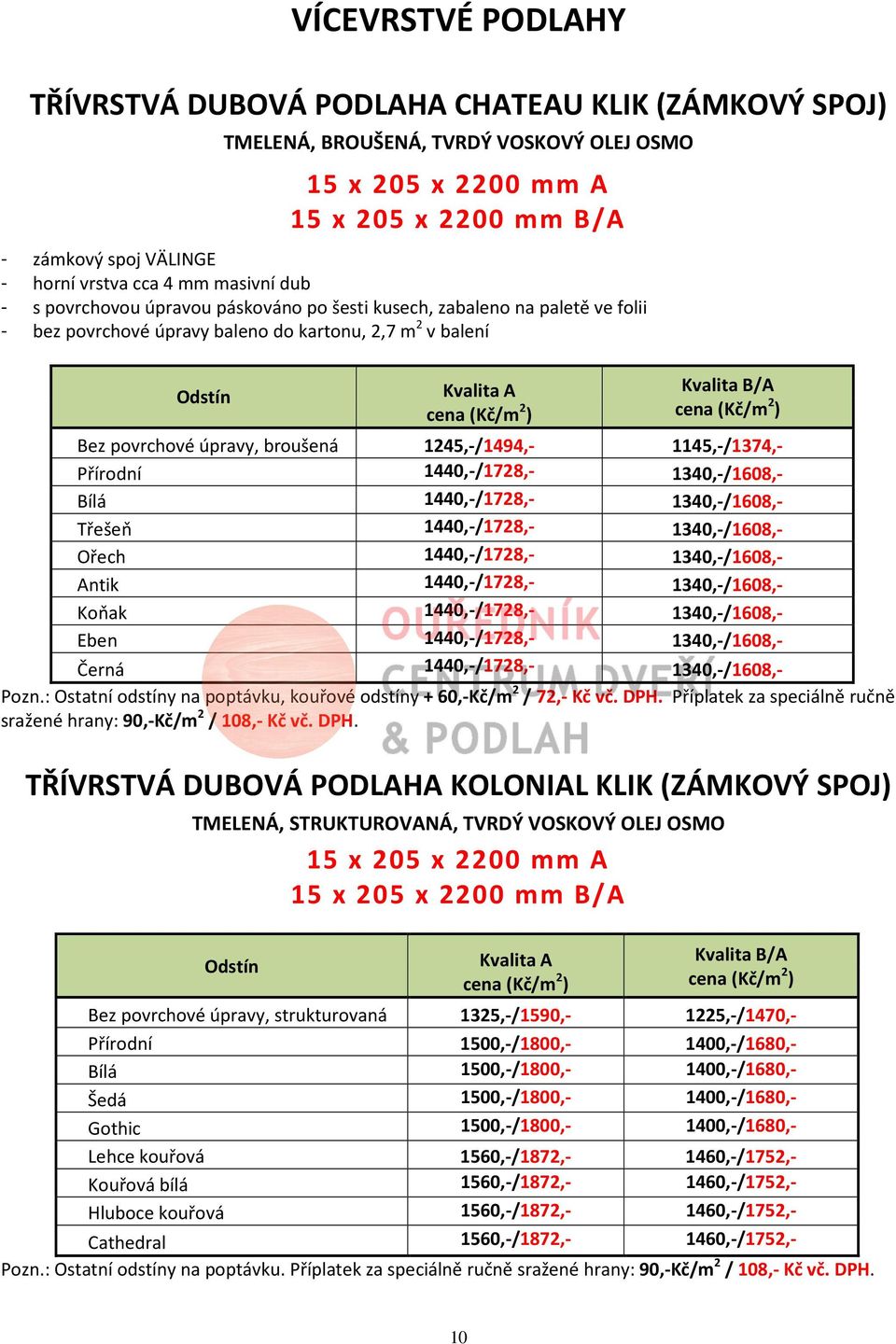 (Kč/m 2 ) Bez povrchové úpravy, broušená 1245,-/1494,- 1145,-/1374,- Přírodní 1440,-/1728,- 1340,-/1608,- Bílá 1440,-/1728,- 1340,-/1608,- Třešeň 1440,-/1728,- 1340,-/1608,- Ořech 1440,-/1728,-