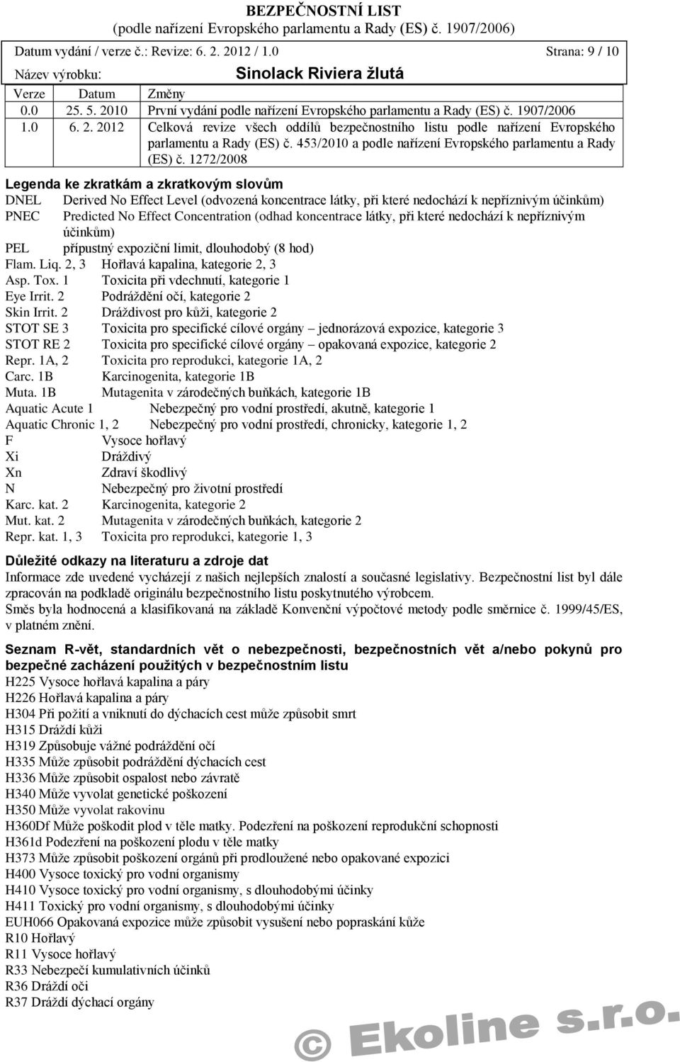 1272/2008 Legenda ke zkratkám a zkratkovým slovům DNEL Derived No Effect Level (odvozená koncentrace látky, při které nedochází k nepříznivým účinkům) PNEC Predicted No Effect Concentration (odhad