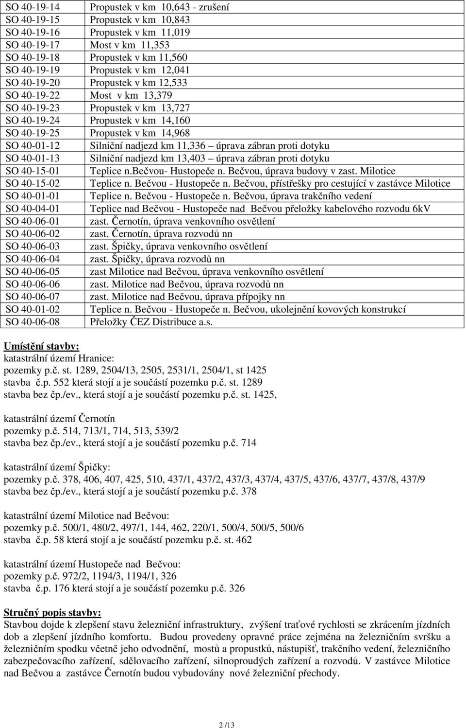 nadjezd km 11,336 úprava zábran proti dotyku SO 40-01-13 Silniční nadjezd km 13,403 úprava zábran proti dotyku SO 40-15-01 Teplice n.bečvou- Hustopeče n. Bečvou, úprava budovy v zast.