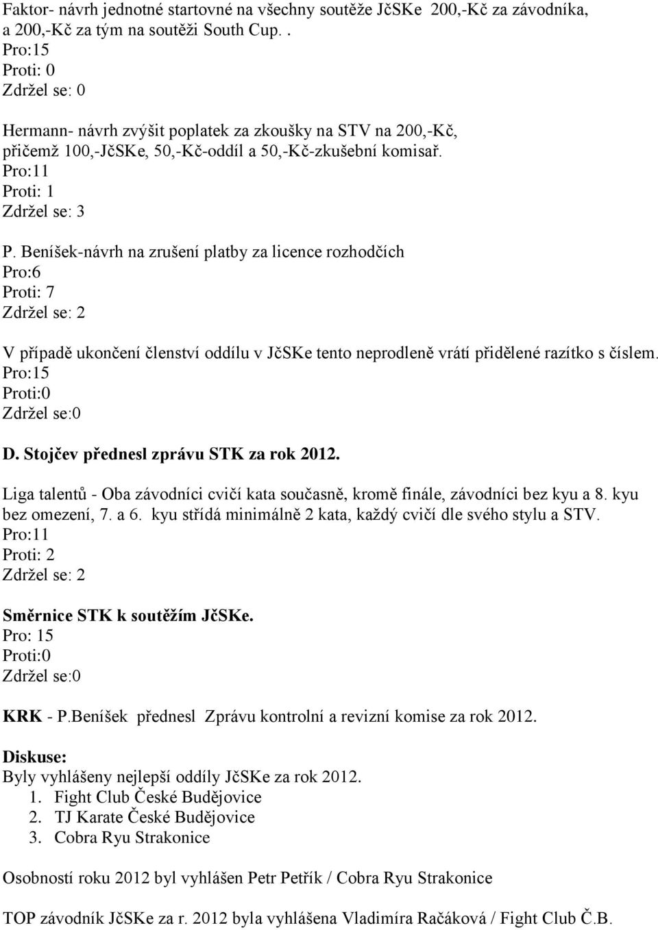 Beníšek-návrh na zrušení platby za licence rozhodčích Pro:6 Proti: 7 Zdržel se: 2 V případě ukončení členství oddílu v JčSKe tento neprodleně vrátí přidělené razítko s číslem.