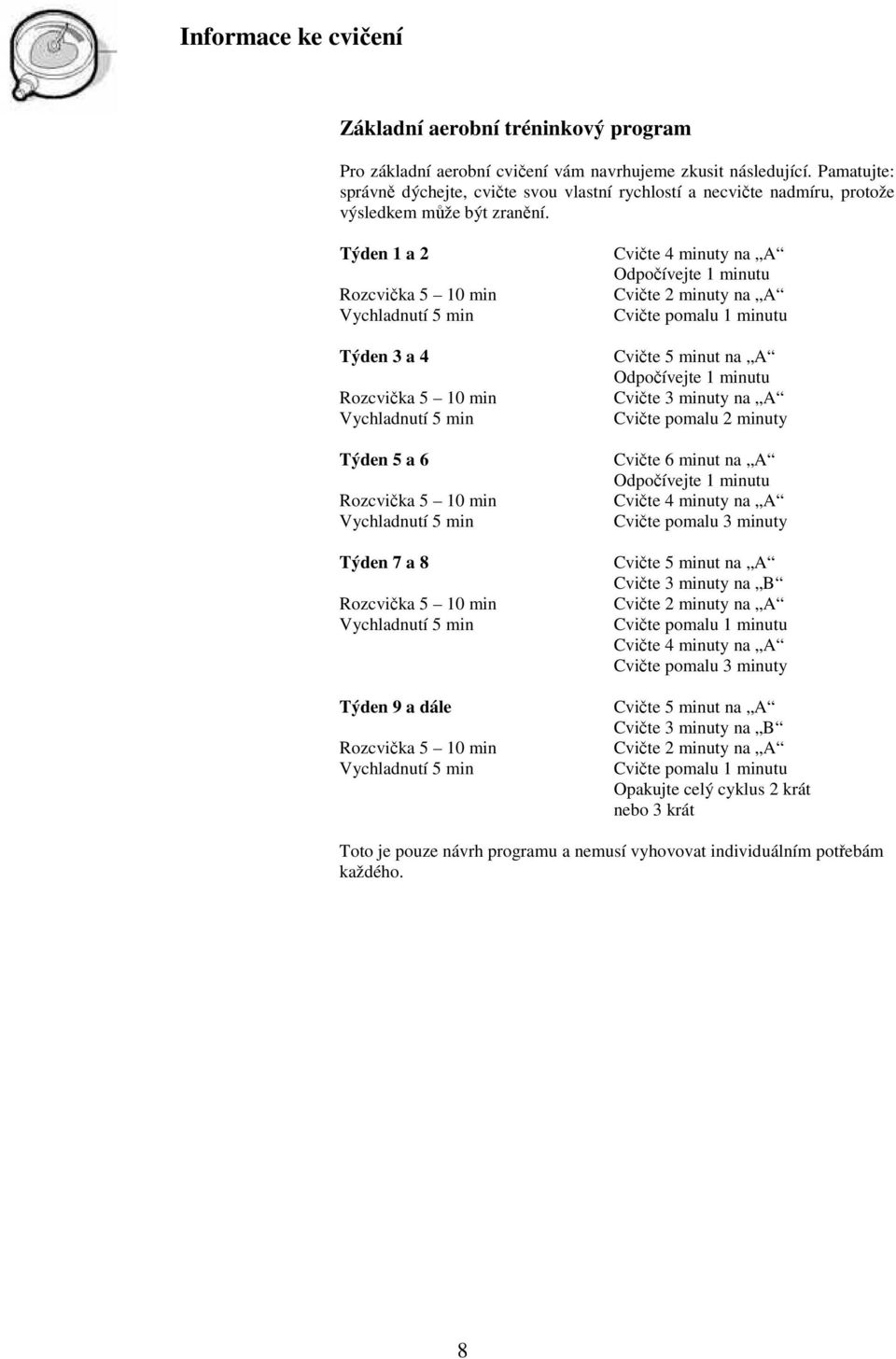 Týden 1 a 2 Rozcvička 5 10 min Vychladnutí 5 min Týden 3 a 4 Rozcvička 5 10 min Vychladnutí 5 min Týden 5 a 6 Rozcvička 5 10 min Vychladnutí 5 min Týden 7 a 8 Rozcvička 5 10 min Vychladnutí 5 min