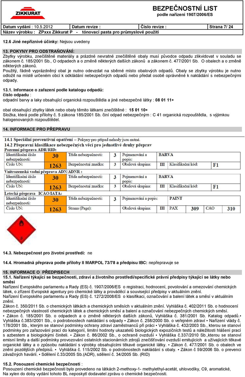 , O odpadech a o změně některých dalších zákonů a zákonem č. 477/2001 Sb. O obalech a o změně některých zákonů. Použitý, řádně vyprázdněný obal je nutno odevzdat na sběrné místo obalových odpadů.