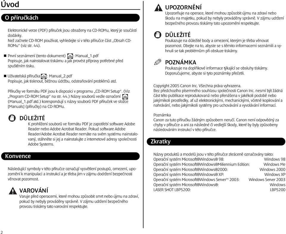 pdf Popisuje, jak tisknout, běžnou údržbu, odstraňování problémů atd. Příručky ve formátu PDF jsou k dispozici v programu CD-ROM Setup. (Viz Program CD-ROM Setup na str. 44.