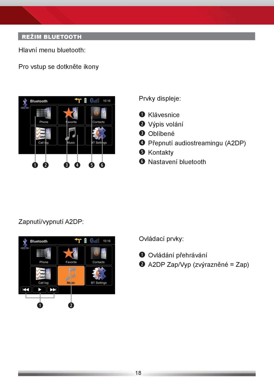 audiostreamingu (A2DP) Kontakty Nastavení bluetooth Zapnutí/vypnutí