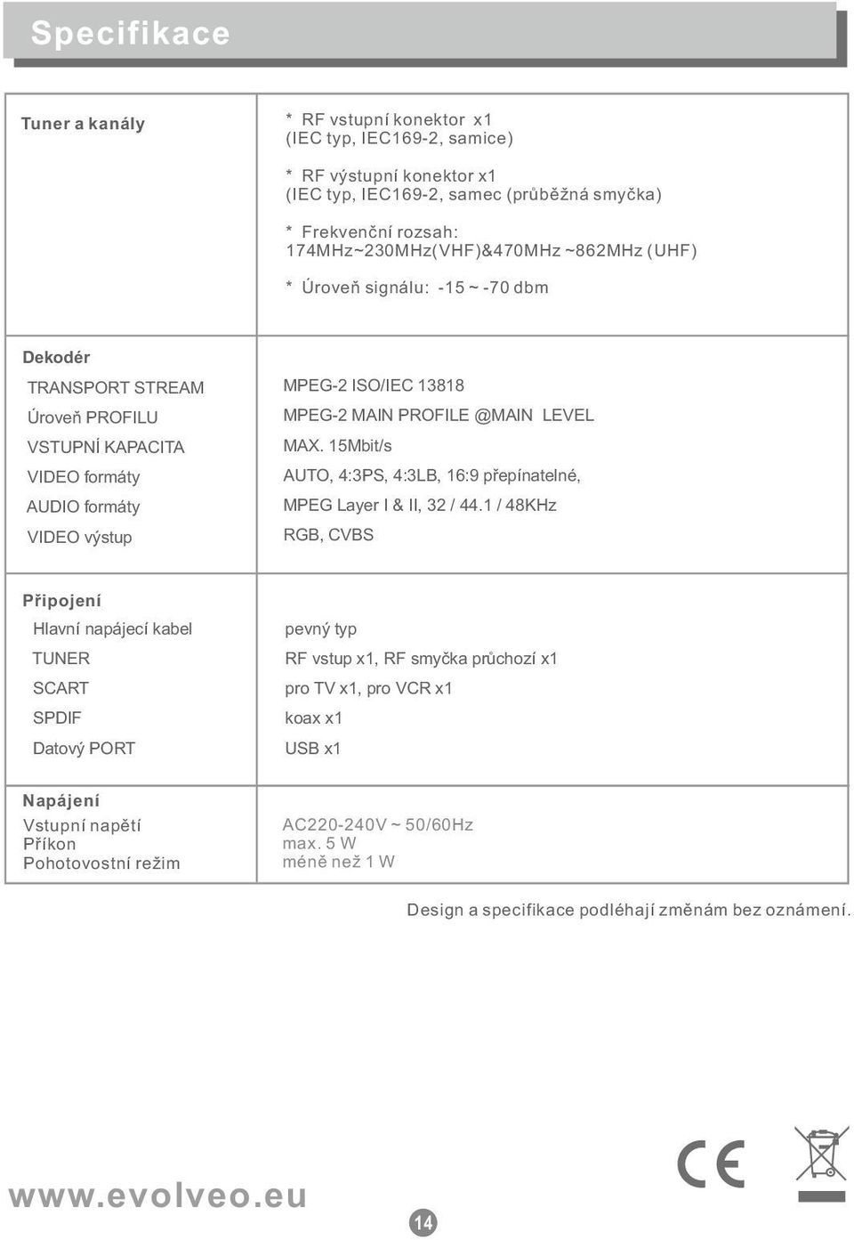 15Mbit/s VIDEO formáty AUTO, 4:3PS, 4:3LB, 16:9 přepínatelné, AUDIO formáty MPEG Layer I & II, 32 / 44.