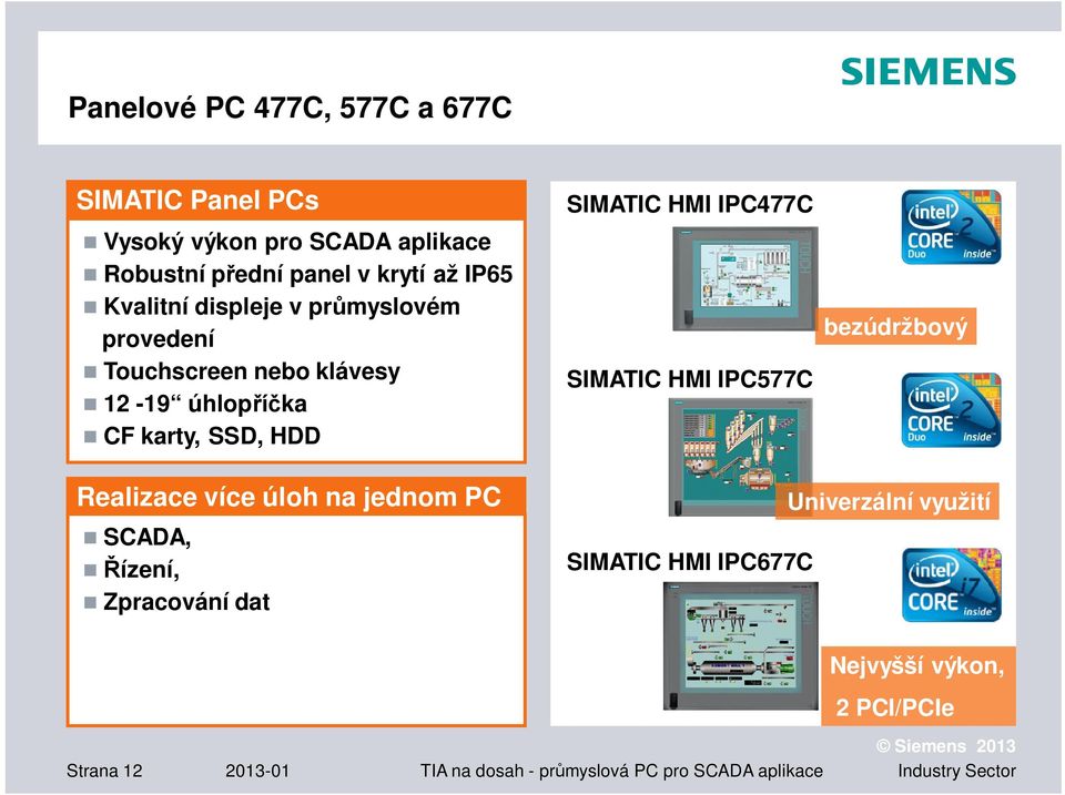 HMI IPC477C SIMATIC HMI IPC577C bezúdržbový Realizace více úloh na jednom PC SCADA, ízení, Zpracování dat SIMATIC